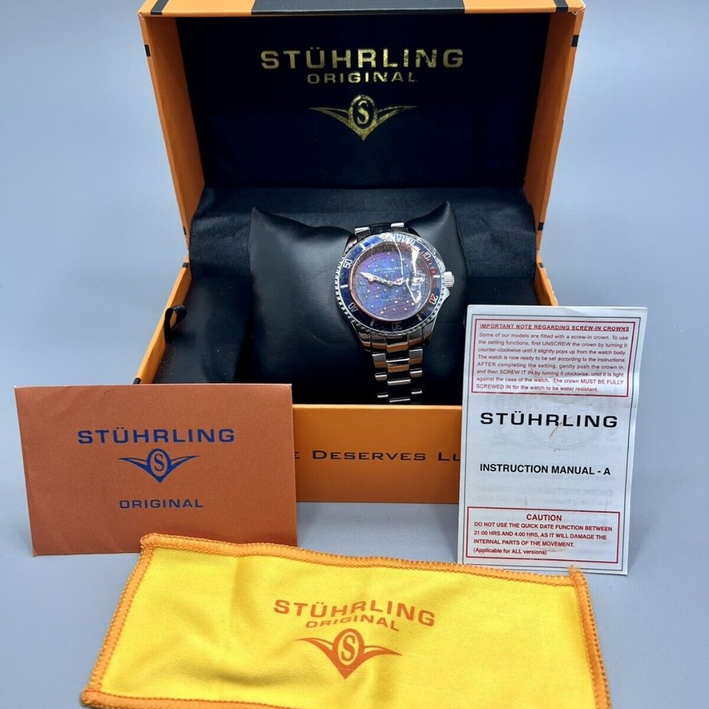 Stuhrling Womens Watch 3977 Quartz Blue Dial Date 38mm Silver Stainless Steel